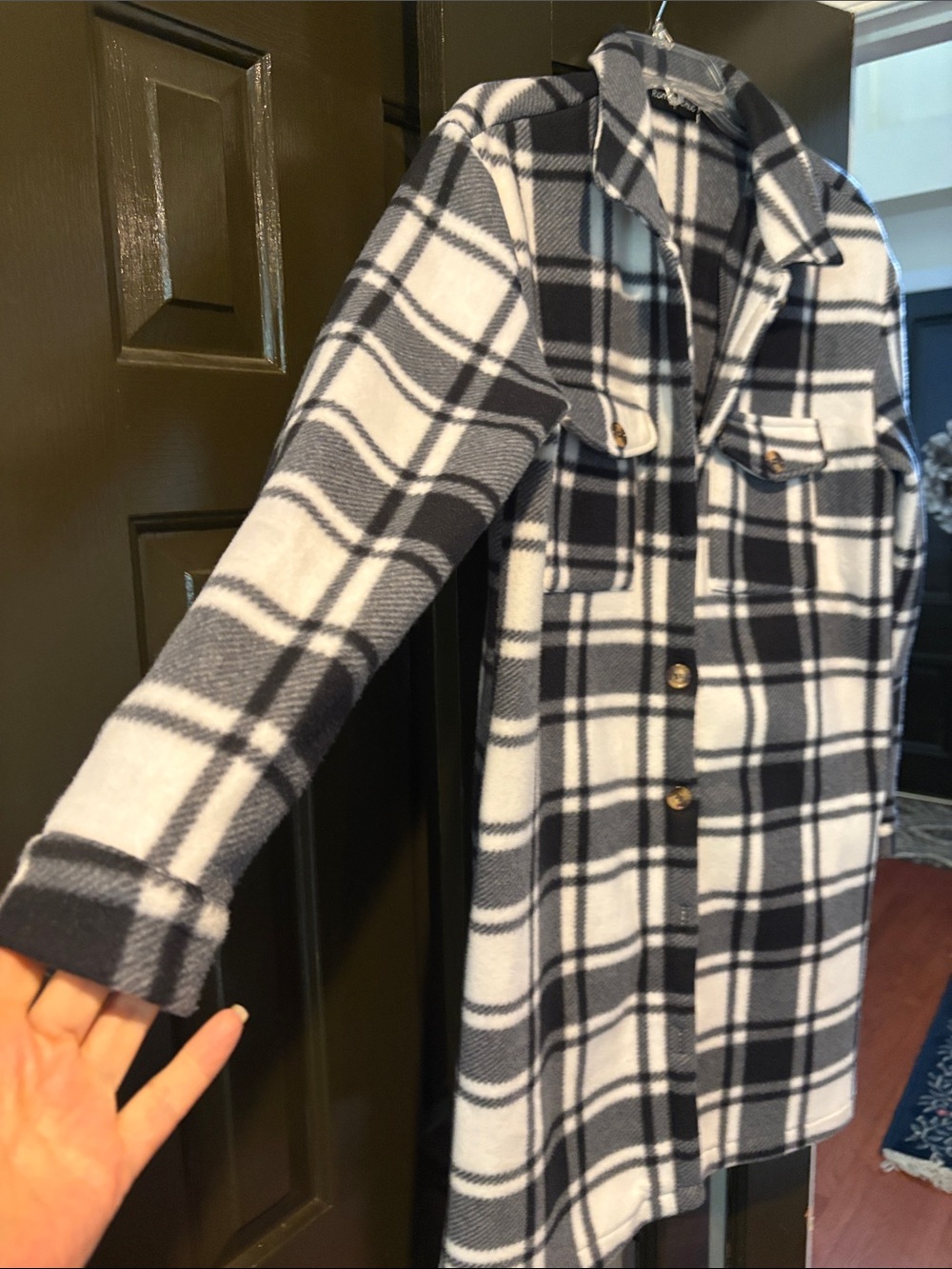 Plaid Button-Front Shacket Coat - Black & White - Picture 4 of 8